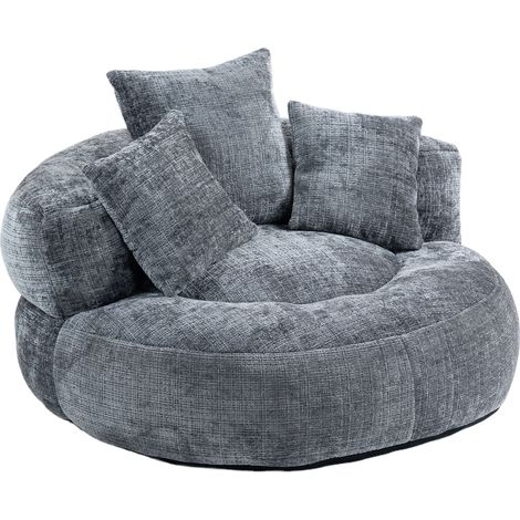 Canapé lazy en chenille gris avec 3 coussins, pouf à dossier haut adultes et enfants (1/5)