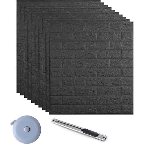 Papier Peint 3D Brique,10 pièces Stickers Muraux Brique 3D,DIY Auto-Adhésif Insonorisation Papier Peint Mural 3D En Mousse,Pour la Décoration de la Maison Bricolage 35×38.5cm (Noir) (1/5)