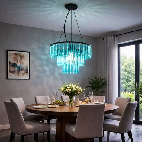 Kronleuchter Glaskristalle Hängelampe Kristall Pendelleuchte Esszimmerleuchte, rauch klar, Fernbedienung dimmbar, 3x RGB LED 8,5W 806Lm warmweiß, DxH 40x120 cm (1/5)