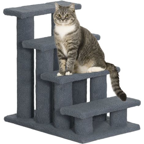 Scaletta per Gatti a 4 Gradini 61x41x60 cm con Rivestimento in Peluche Grigio (1/5)