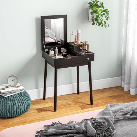 Coiffeuse avec miroir table de maquillage, 2 tiroirs, miroir pliable pour chambre à coucher, salon, 60x50x85,5cm, noir
