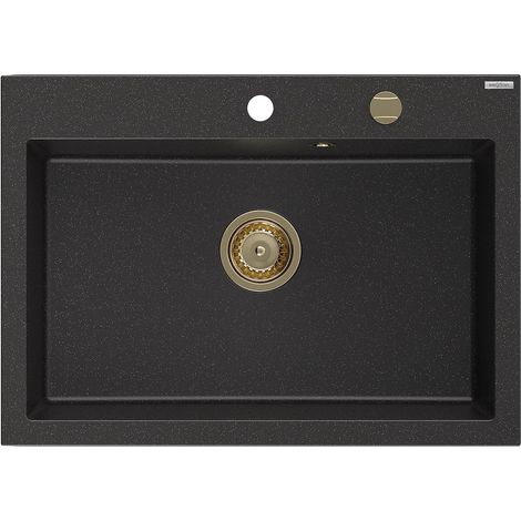 Mexen Elix fregadero de granito de 1 cubeta 700 x 500 mm, negro/plata metalizada, sifón dorado - 6526701005-73-G (1/5)