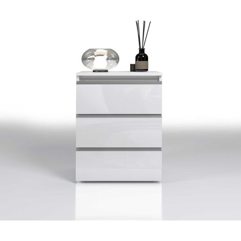 WHOUS - Comodino MAGIC con Luce LED Bianca 50x40x65 cm - Comodino Moderno con 3 Cassetti e Manici in Alluminio - Comodino in Legno Riciclato Bianco Lucido (1/5)