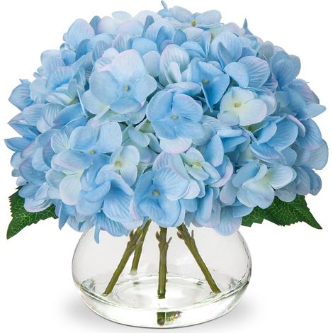 1 Bouquet d'hortensias artificiels, vase en verre, eau factice, pétales en soie, décoration maison mariage bureau