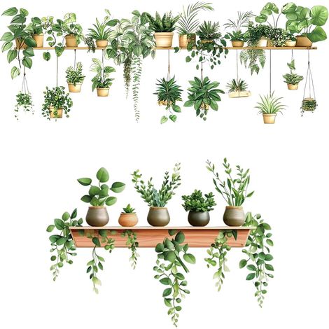 Lot de 2 stickers muraux pour cuisine - 88 x 33 cm - Motif plantes en pot - Feuilles vertes - Papier peint - Décoration murale pour salon, chambre à coucher, balcon (1/5)