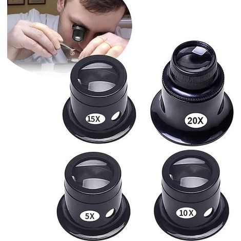 Lenti d'ingrandimento 5x, 10x, 15x, 20x, con supporti e copricapo, ideali per gioielleria, laboratorio, oftalmica, kit di riparazione lenti. (1/5)