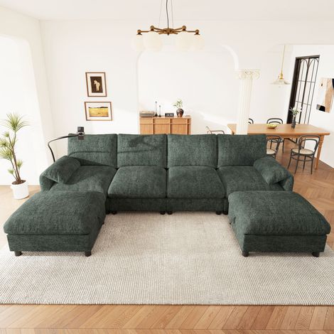 Canapé d'angle modulaire en U/L avec 2 tabourets de rangement, port USB+TypeC,support pour téléphone portable,canapé 6 places en chenille,vert (1/5)