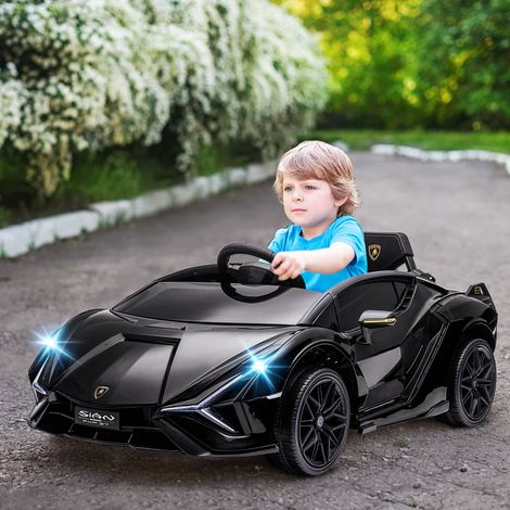 Elektrisches Kinderauto für 3- bis 5-Jährige, 12V Lamborghini Sian, 3-5 km/h, mit 2 Motoren, Scheinwerfern, Musik, Fernbedienung, Sicherheitsgurt und Hupe, Schwarz