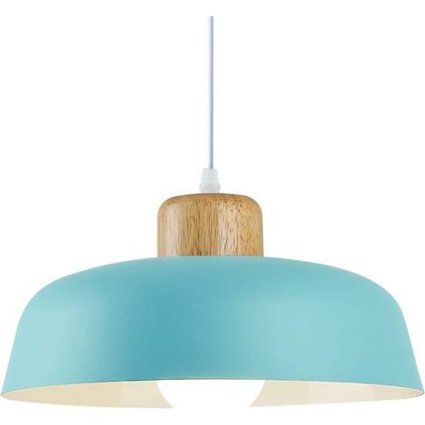 Lampe à suspension en métal rond simple et moderne nordique, Grand plafonnier E27 finition bois, Lumière suspendue de couleur vive pour salon de chambre à coucher de cuisine (Bleu) (1/2)