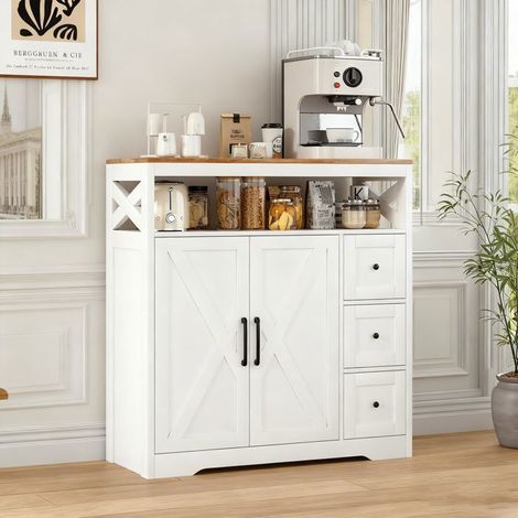 Buffet - Küchenbuffet - 2 Türen - 3 Schubladen - Weiß und Holz