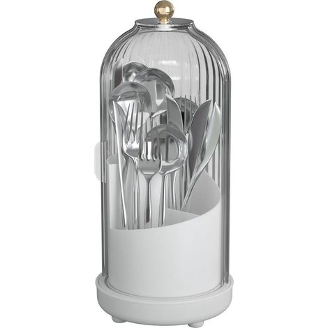Porte-couverts avec couvercle - Rotation interne - Organisateur de couverts en plastique pour placard de cuisine ou garde-manger - Panier de rangement pour fourchettes, couteaux et cuillères - Blanc ( (1/3)