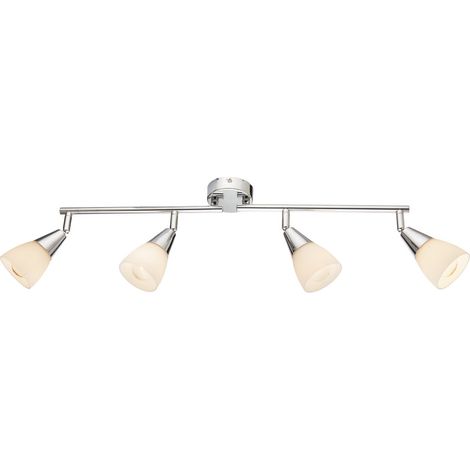 Barre de spots de plafond chromée avec abat-jour en verre opale, 4 ampoules E14