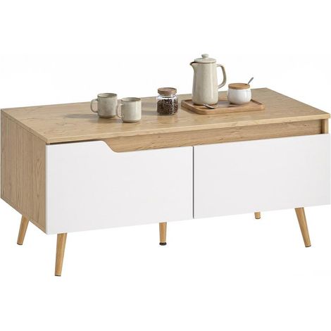 Table basse en chêne avec 2 tiroirs et pieds en pin massif, 100x50x46 cm, meuble de salon rangement pratique et chaleureux