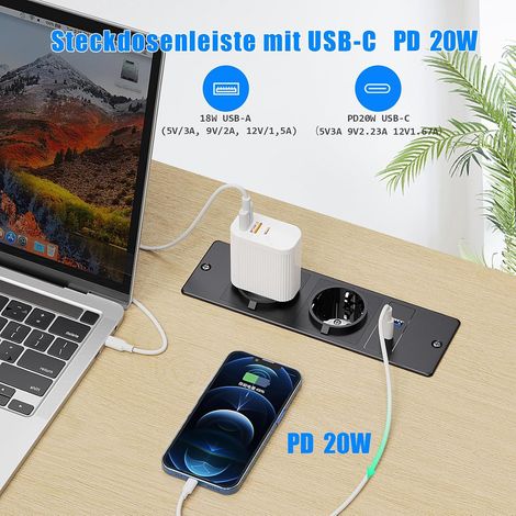Multiprise de bureau avec charge rapide USB-C PD 20W, multiprise intégrée avec deux prises et un port USB-A, convient aux bureaux, meubles ou plans de travail, câble de 2 mètres, 250W/16A, noir. (1/4)