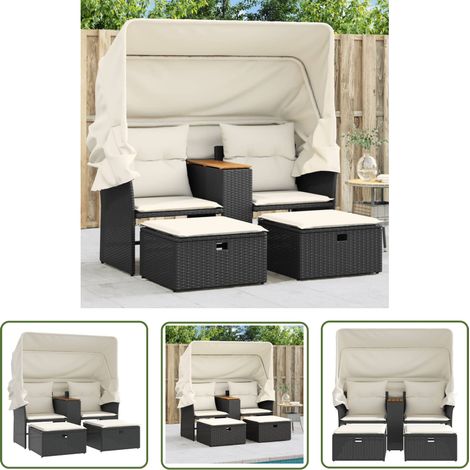 The Living Store Canapé de jardin 2 places avec auvent et tabourets noir rotin - Canapé De Jardin - Salon De Jardin - Ensemble De Jardin - Meubles De Jardin - Mobilier De Jardin (1/5)