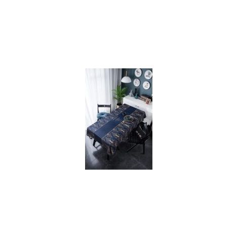 Rechteckige Tischdecke aus blauem Samt, goldfarbenem Grafikdruck, Polyester T-Crezuo