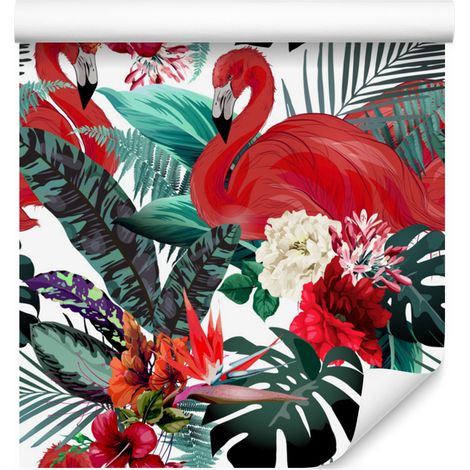 Papier peint Fleurs, plantes et flamants roses pour salon et chambre 50x1000 cm (1/5)