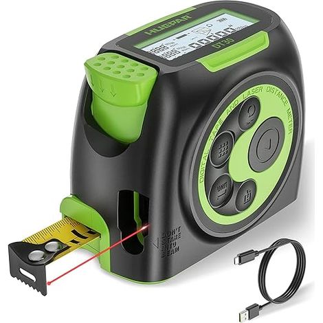 Huepar 2-in-1-Laser-Maßband, 60 m wiederaufladbares Laser-Messgerät und 4,8 m Maßband mit hintergrundbeleuchtetem LCD und beweglichem Haken – Pythagoras, Fläche, Volumen, M/Zoll/Fuß-Einheitenschalter,