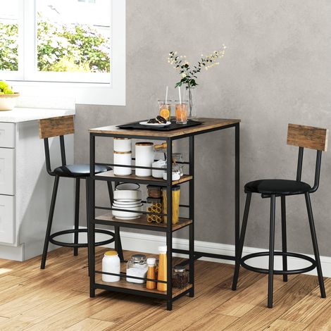 Bar Tisch Set mit 2 Barhockern, mit 3 Seitenablagen, aus MDF und Stahl, Eiche (1/5)