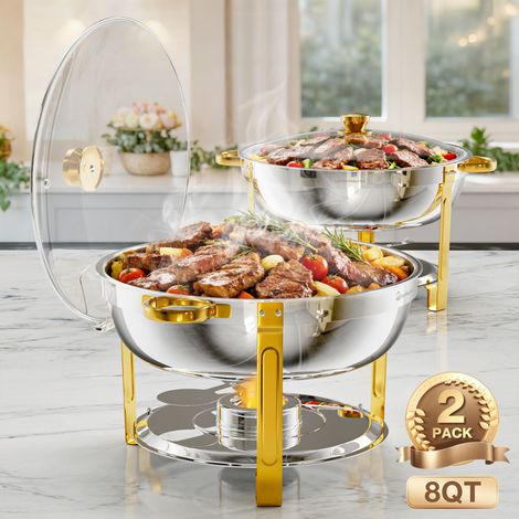 2 Pack 7,5 L Gold Chafing Dishes 8QT for Buffet , Stainless Steel Round Chafers and Buffet Warmers Sets with Lid Holder, Stackable Design, for Catering, Parties, Weddings