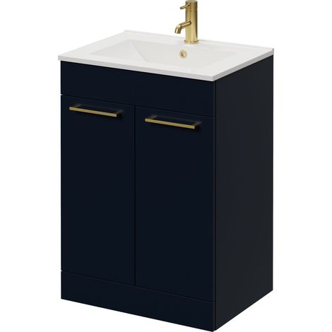 Napoli 460 Deep Blue 600mm 2 Door Vanity Unit with Angel Basin - 600mm - Brushed Brass 160mm Handle
