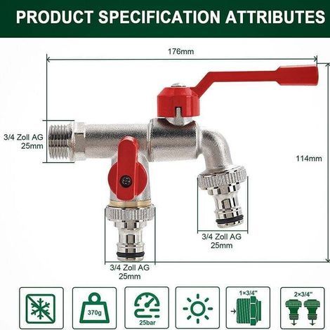 Doppelter Gartenwasserhahn – 3/4"-Messing-Wasserhahn, Außenwandhahn mit 2 x 3/4"-Auslässen für Garten, Waschmaschine, Regentonne, rostfrei und frostbeständig (1/5)