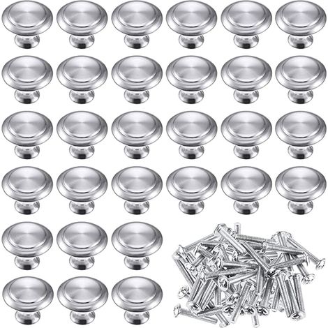 Juego de 30 pomos de acero inoxidable para muebles - Pomos redondos para cajones - Con tornillos - Cocina, cajones, armarios, dormitorios (1/5)