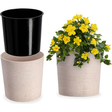 Pot de Fleurs en Plastique et Copeaux de Bois Recyclés pour Une Décoration Rustique et Authentique, Idéal pour l'Intérieur ou l'Extérieur (Crème, 19 cm) (1/5)