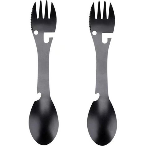 Cuillère Fourchette 2 en 1, 2 Pièces Cuillère Fourchette avec Décapsuleur Cuillère Fourchette Camping pour Randonnée Pique-Nique 2 pièces (Noir )