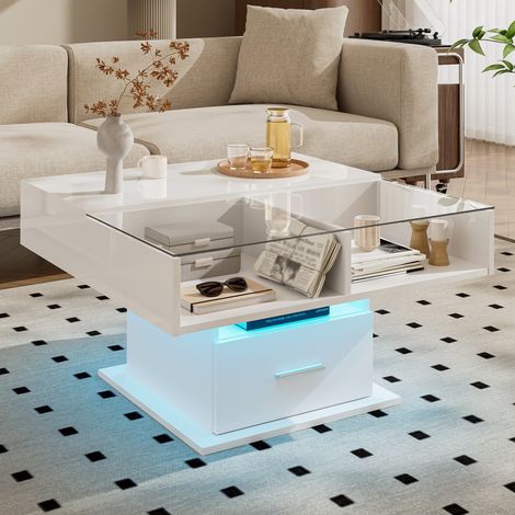 Table basse carrée relevable LED 78x78 cm, hauteur réglable 45,5-59,5 cm, tiroir, niche ouverte, commande par application, blanc brillant et mat (1/5)