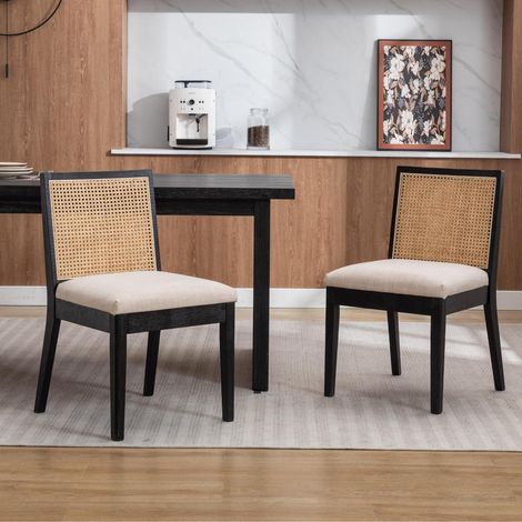 2er Set Esszimmerstühle Leinen mit Rattan Rückenlehne, Vintage Holzstühle Schwarz (1/5)