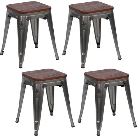 Pack 4 Taburetes Bajos Industriales Apilables de Acero y Madera 38x38x46cm Thinia Home
