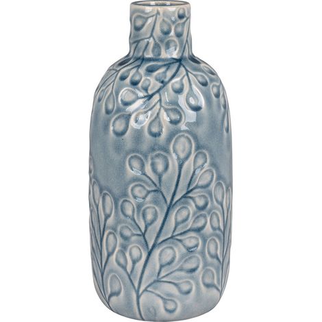 Vaso in gres blu con decoro botanico in rilievo, ø12x26 cm