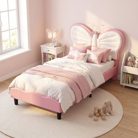 Letto per bambini 90x190 cm, letto singolo con testiera a farfalla e lampada da lettura, stile moderno, rosa