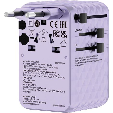 VERBATIM CHARGE N TRAVEL 100W UNIVERSAL TRAVEL ADAPTER WITH RETRACTABLE CABLE PURPLE