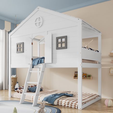 Cama alta infantil 90x200 cm con escalera, con barandilla de seguridad y ventanas, cama elevada con diseño de casa, estructura de madera blanca y gris, sin colchón (1/5)