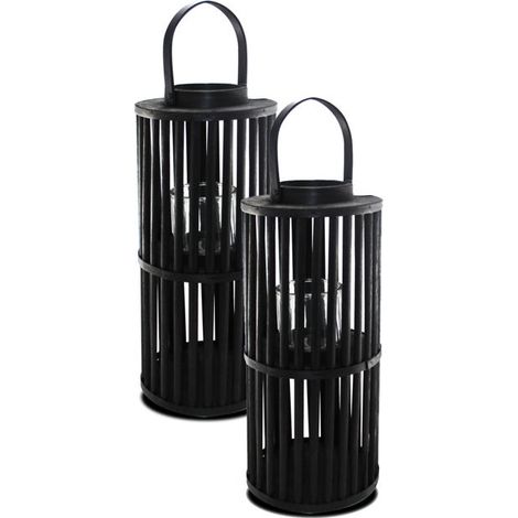 Lanterne photophore - JUANIO - Lot de 2 - Cylindrique en bois - Noir - Ø24 x H64.5 cm (1/3)