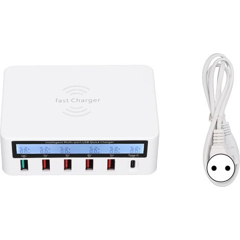 Station de charge USB 40W 6 ports QC 3.0 avec base sans fil et écran LCD pour smartphone, chargeur bloc secteur 100-240V blanc prise EU (1/5)