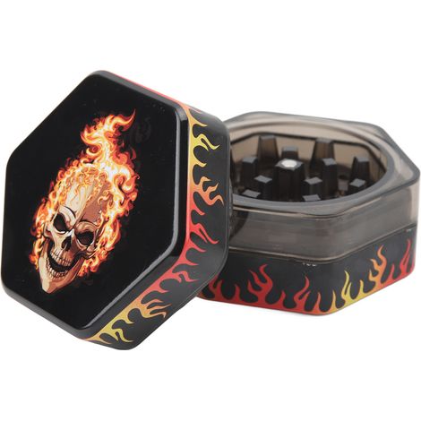 Broyeur à herbes hexagonal 50 mm, 3 niveaux, en alliage de zinc, broyeur à épices manuel pour tabac et cigarettes, motif flamme en forme de crâne (1/5)