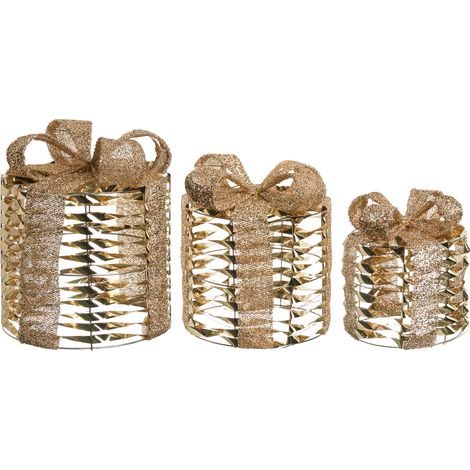 Conjunto de 3 decoraciones regalos de Navidad con luces LED blancas cálidas con lazos adornos festivos para interior dorado Slivso