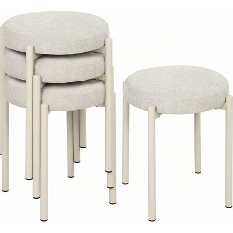 Tabourets - HOMCOM - 4 places, empilables, ronds, assise rembourrée, sans dossier - tissu effet lin - 45x45x47,5cm - crème (1/5)