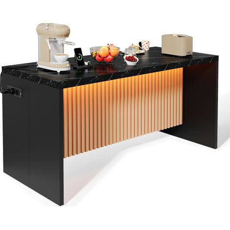 Îlot de cuisine noir effet marbre avec LED, 2 prises EU, 2 ports USB, plateau 40 mm, style industriel minimaliste, 155 x 80 x 90 cm - CHICFURN (1/5)