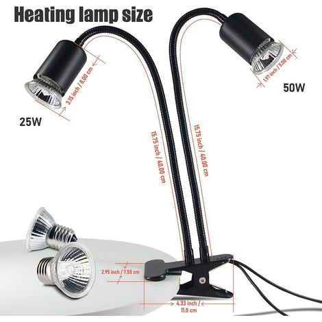 Double Head Reptile lampe, ampoule UVB UVA, minuterie automatique, luminosité réglable, col en percussion en cuivre, lumière de la pince flexible pour les reptiles et les (1/2)