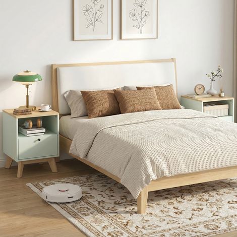 Set di 2 comodini con cassetto e vano a giorno, 40 x 40 x 55 cm, rovere e verde chiaro.