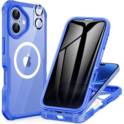 Magnétique Anti Espion Coque iPhone 16, Compatible avec MagSafe intégré Verre Trempé Protection écran et Protecteur Caméra, Antichoc Téléphone Housse Double Case Intégrale Etui -Bleu Clair (1/5)