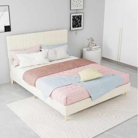 Cama tapizada 140x200 cm, cabecero acolchado de cuadros, patas de madera, terciopelo beige (1/5)