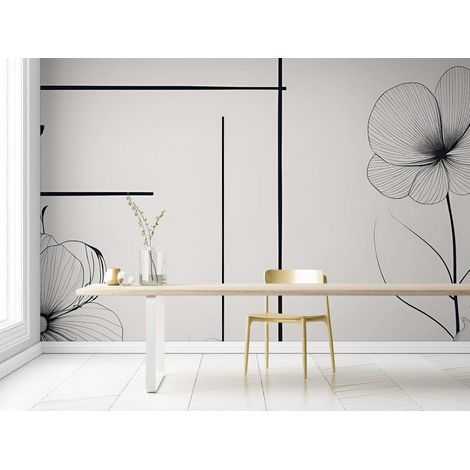 Papier Peint Floral - Minimaliste Noir et Blanc - 150 x 250 cm (1/2)