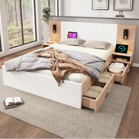 Lit double en bois massif et MDF blanc/chêne clair 140x200 cm avec 2 tiroirs, USB, liseuse et 2 chevets (1/5)