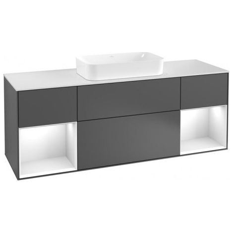 Finion, Meubles sous lavabo, 1600 x 603 x 501 mm, Angulaire,avec meuble étagère (éclairé), modèle suspendu, En bois, lavabo au milieu, éclairage LED, 2x LED / 2,3W, 2x LED / 4,2W, 2700 K à 6480 K, Glo