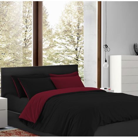 Parure Copripiumino Matrimoniale Double Face Prodotto Italiano Sacco e federe 100% Cotone Set Letto Bicolore Nero-Bordeaux - Matrimoniale (1/3)